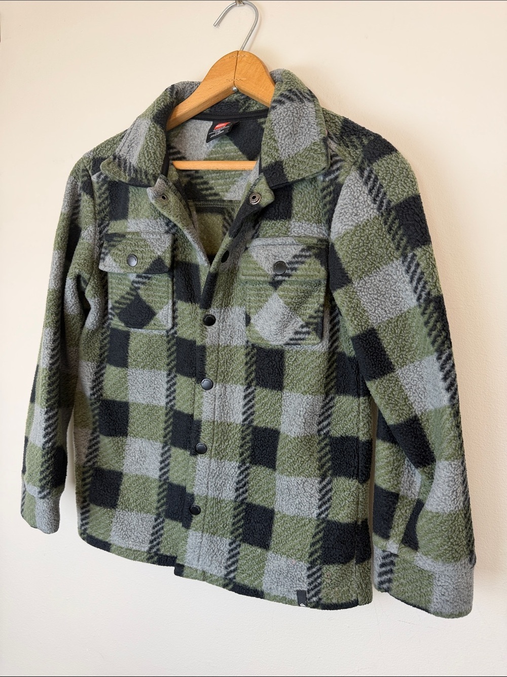 Quiksilver Boys Small 7/8 Fleece Shacket Shirt Jacket Green Black Plaid Button